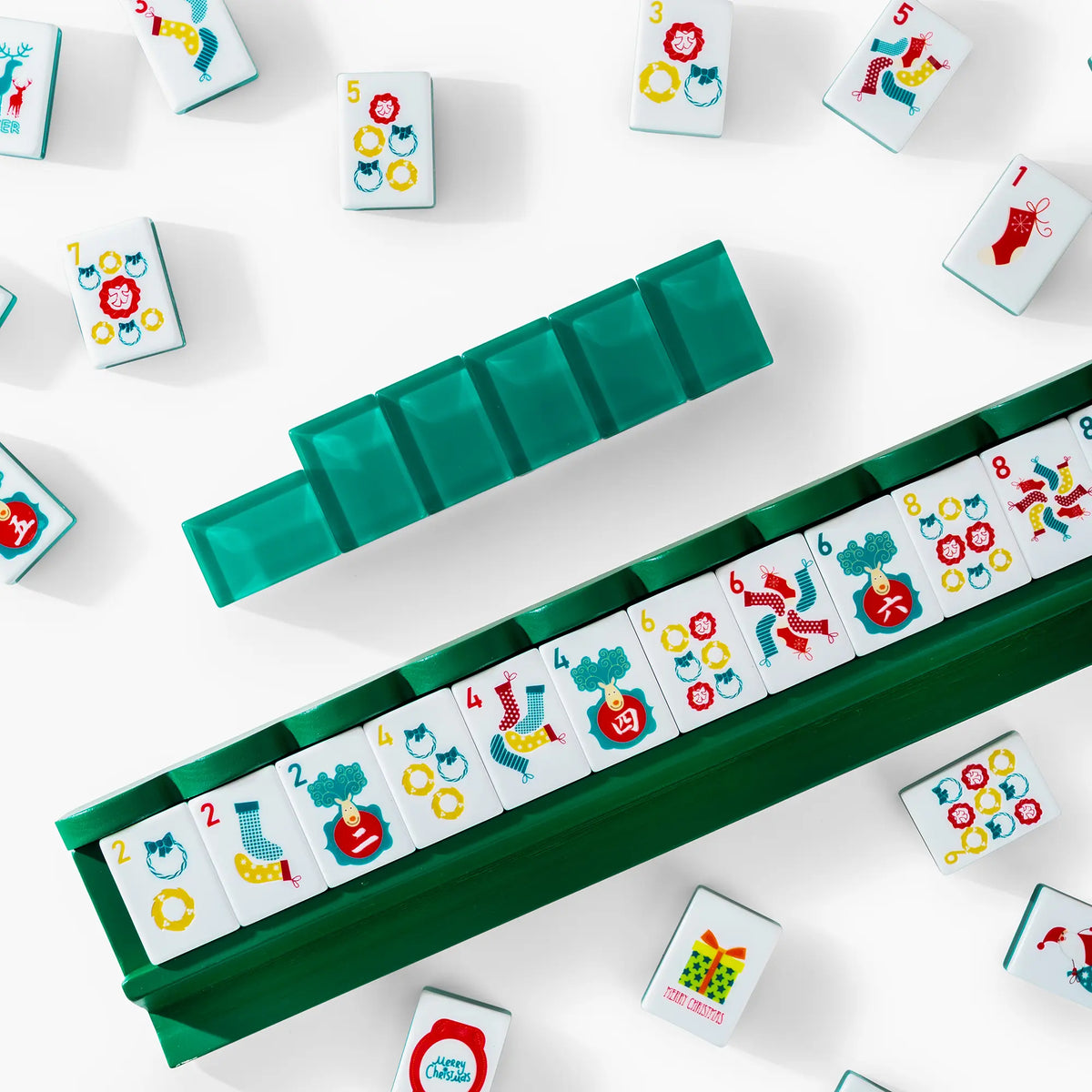 Teal Reindeer Wreath Christmas Mahjong Tiles