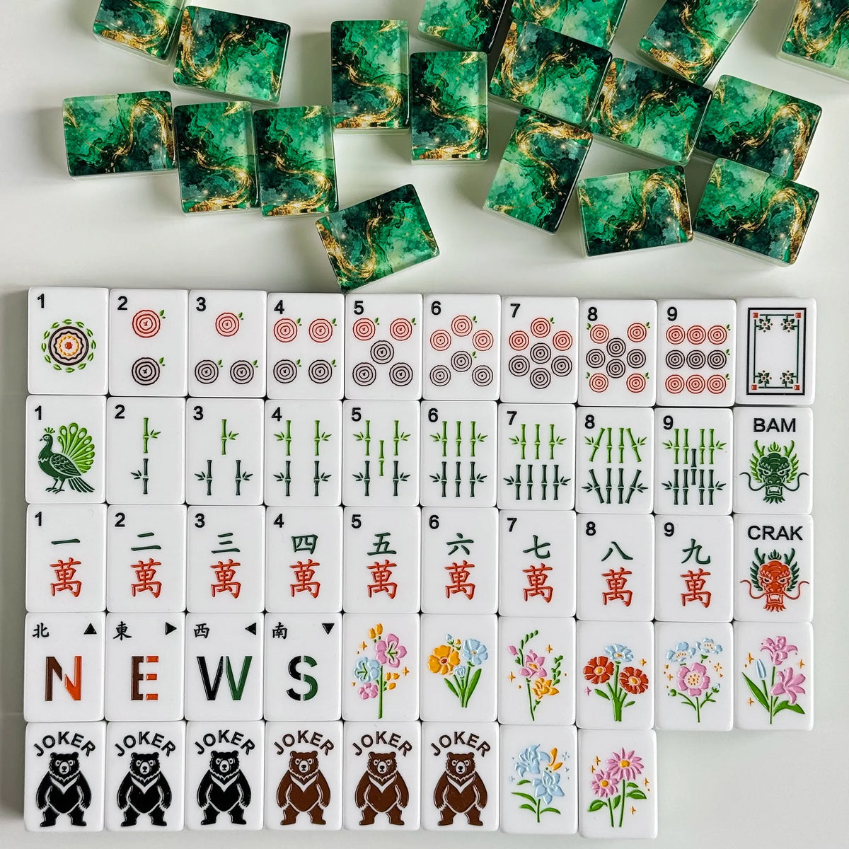 Gilded Veins Emerald Green Mahjong Tiles