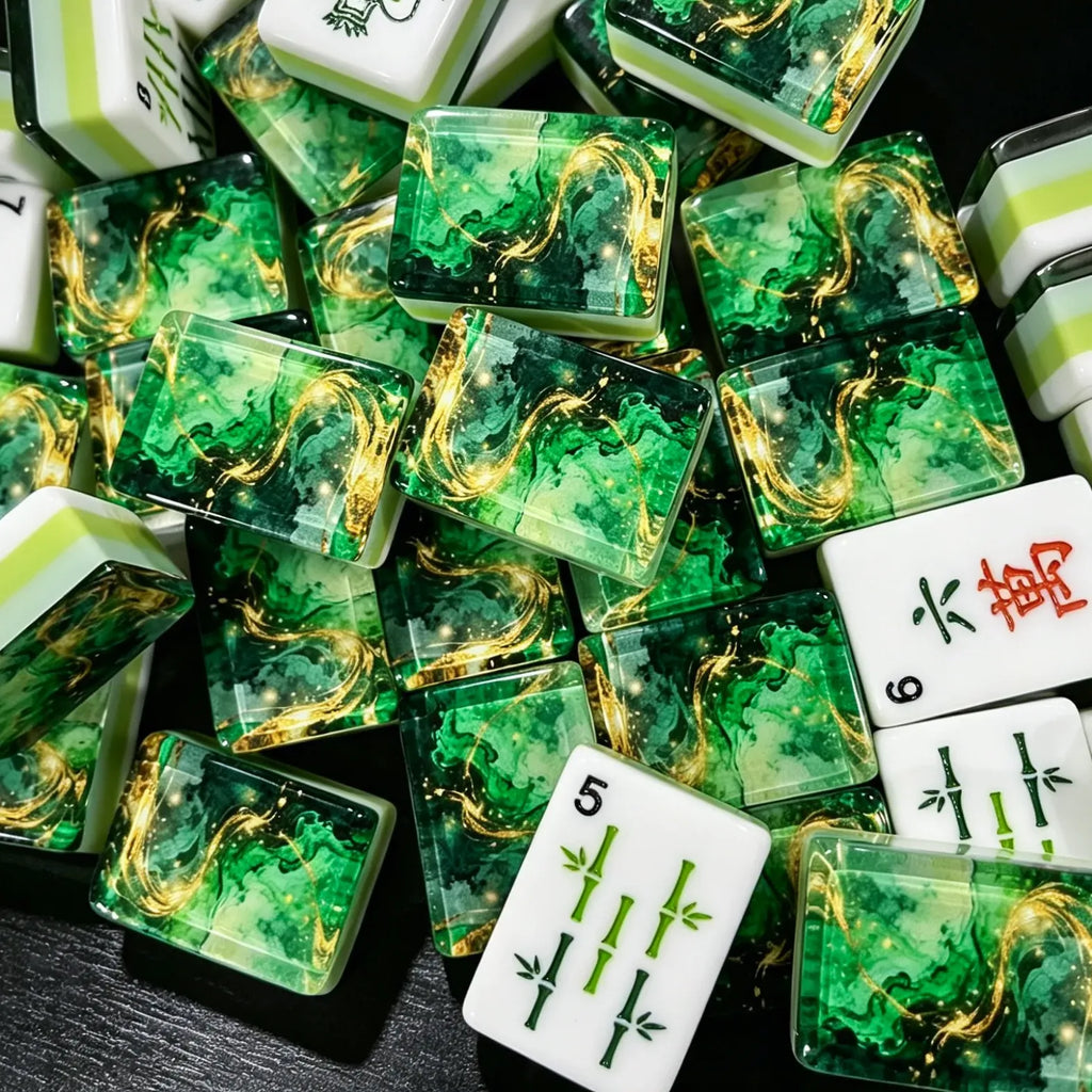 Gilded Veins Emerald Green Mahjong Tiles