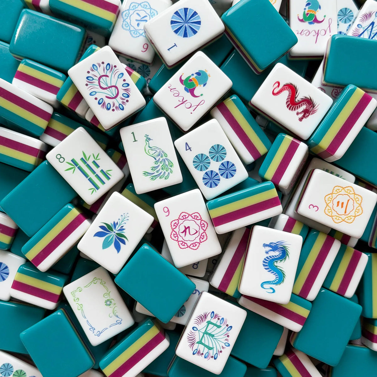 Peacock Teal Imperial Botanical Mahjong Tiles